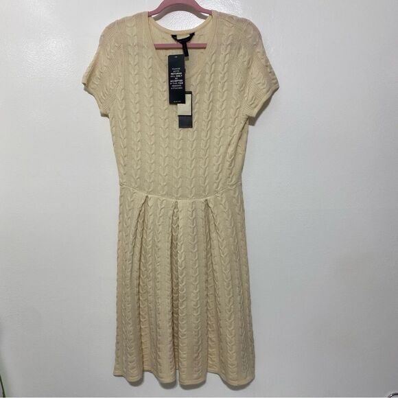 BCBGMaxAzria Ivory Wool Sweater Dress Size Large NWT Embroidered Short Sleeve - Picture 3 of 11